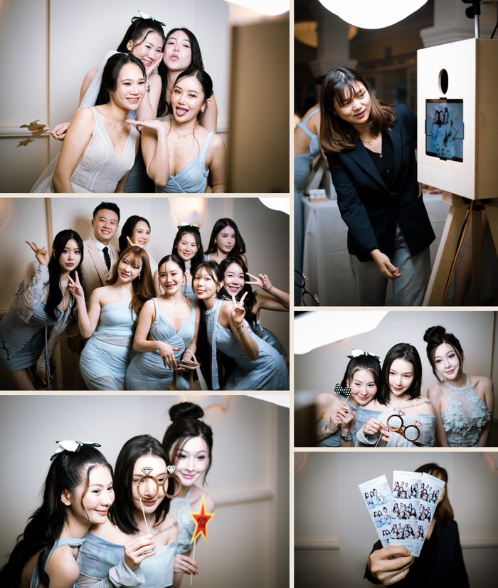 Bridesmaids in powder blue at a HappiSwitch wedding photobooth in Singapore