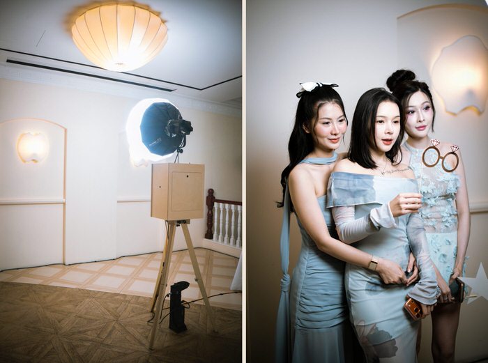 Wedding photobooth set up to suit the venue at 1-Flowerhill, Sentosa, and three guests with props