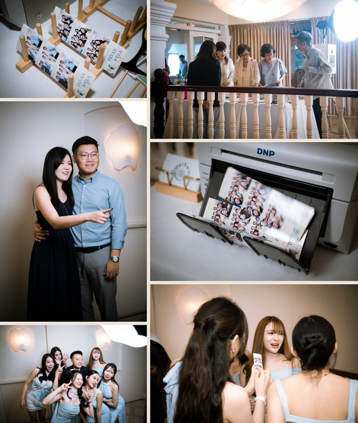 Singapore wedding photobooth: the couple, prints coming off the printer and guests reading their photostrips